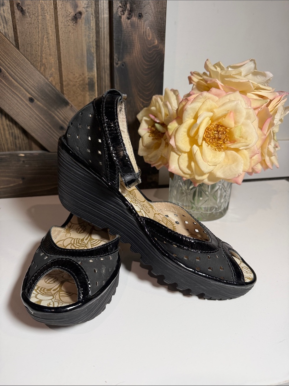 Fly London Black Wedge Sandals with Cutout Detail 8-8.5